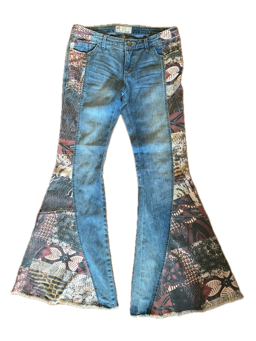 Free People 28 Boho Patchwork Flared Jeans - Blue